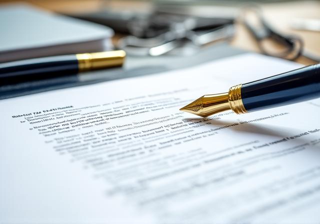 Close up of a legal document with a magnifying glass and pen