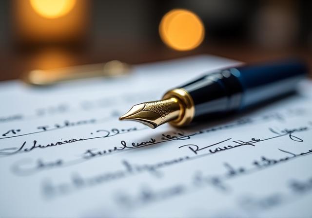 Close up of a professional fountain pen on a complex legal contract in a London law office